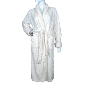 Natori Plush Off White Robe Long Embossed Design Warm Cozy‎ Shawl Collar Medium